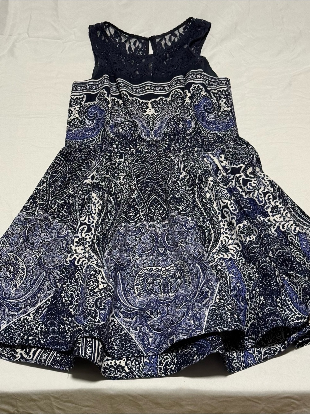 Gabby Skye Navy‎ Blue White Paisley Fit & Flare Dress Size 14 Sleeveless Lace